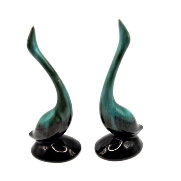 Set of 2 Vintage Blue Mountain Pottery BMP 4" Cranes Teal/Blk Drip Glaze EUC - Picture 1 of 6